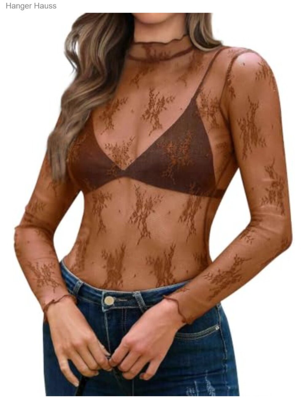 Womens Sheer Mesh Mock Neck Lace Long Sleeve Fitted Blouse Top